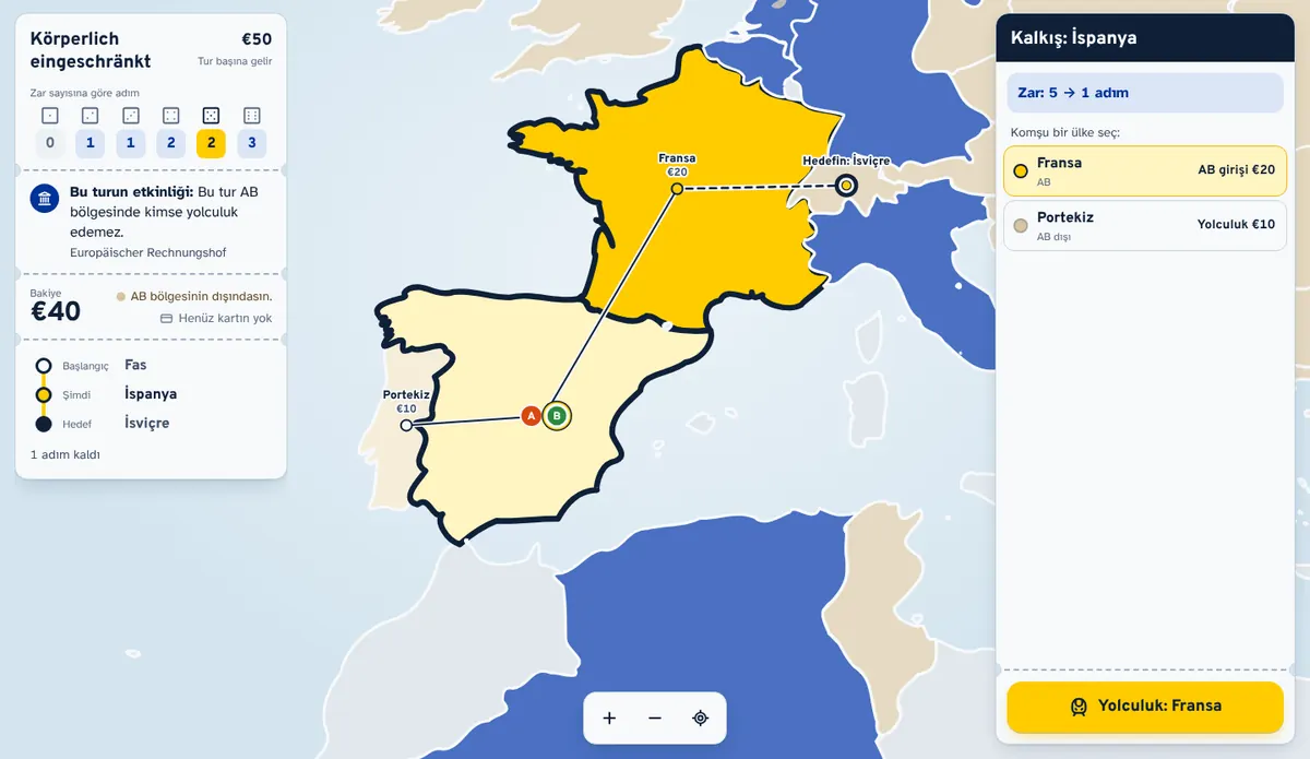 Leapoly game view: a route across a historical map of Europe