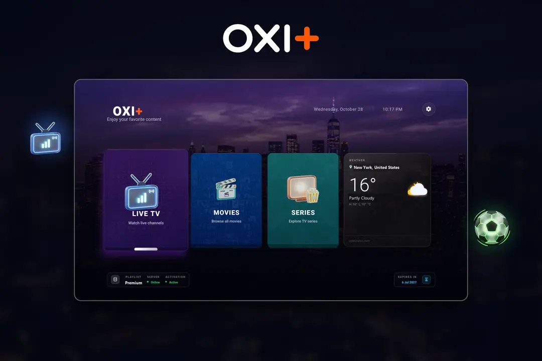 Home screen of the Oxi+ TV app featuring live TV, movies, series, and weather