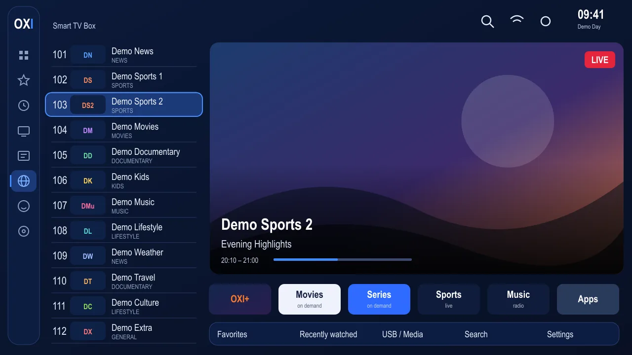 OxiSat home screen with channel list, live preview and app shortcuts (demo channels)