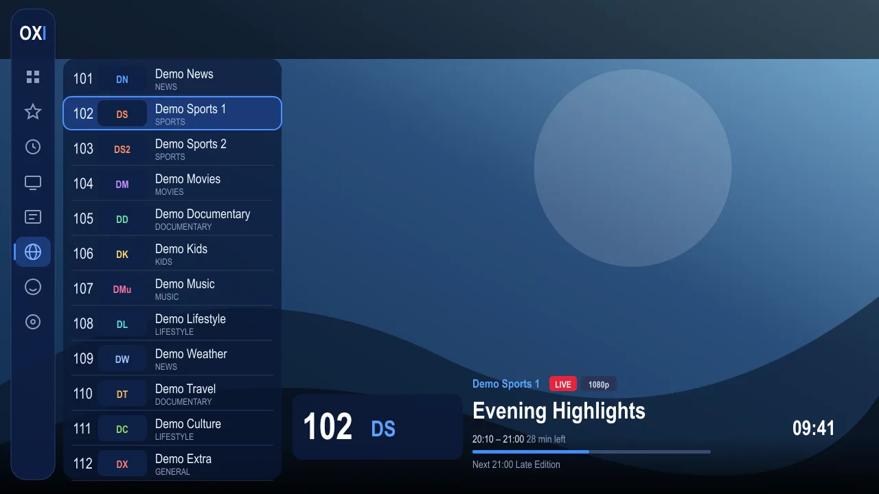OxiSat full-screen live TV with channel list and info bar (demo channels)