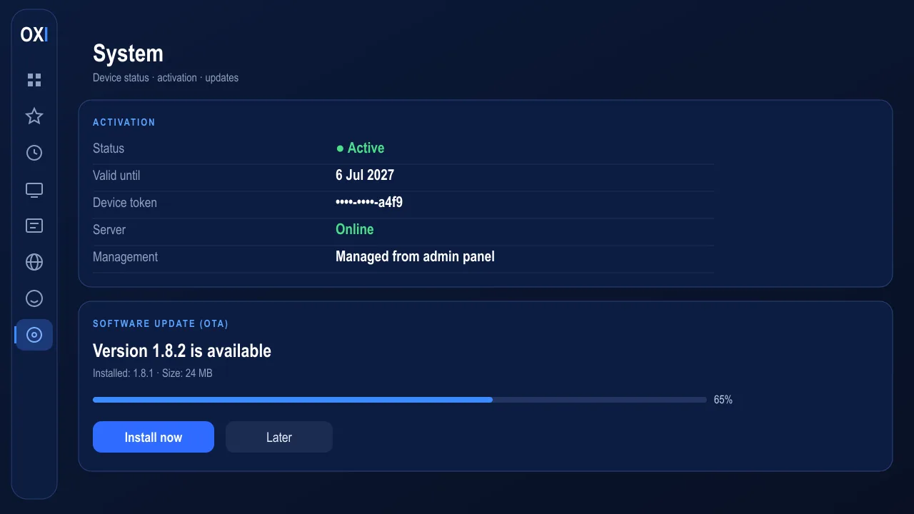 OxiSat system screen showing device activation status and an OTA update